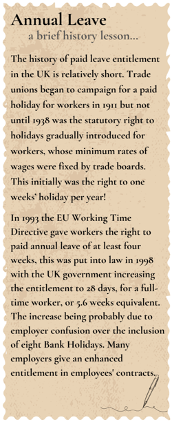 Annual Leave, a brief history lesson--- The history of paid leave entitlement in the UK is relatively short- Trade unions began to campaign for a paid holiday for workers in 1911 but not until 1938  (1)